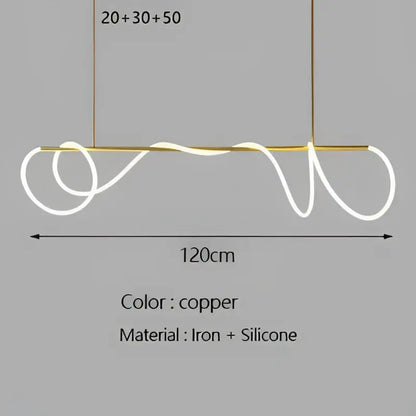 Copper-colored modern pendant lights with sleek wavy iron and silicone design for decorbites gold minimalist led kitchen decor