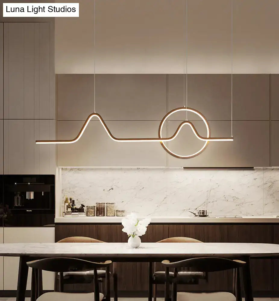 Modern gold minimalist led pendant light with sleek wave design and circular accent for dining room 110v-120v black gold