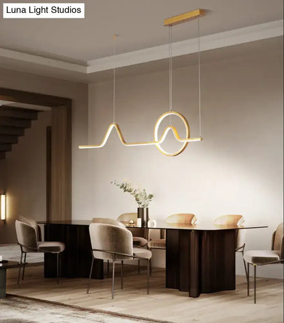 Modern gold minimalist led pendant light with sleek wave design and circular accent for dining room 110v-120v
