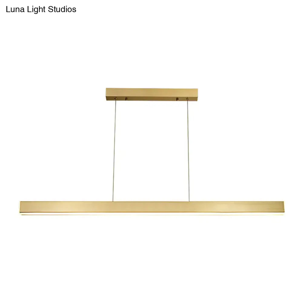 Modern gold minimalist led suspension lamp light fixture with rectangular metal bar and two thin cords for dining room lighting