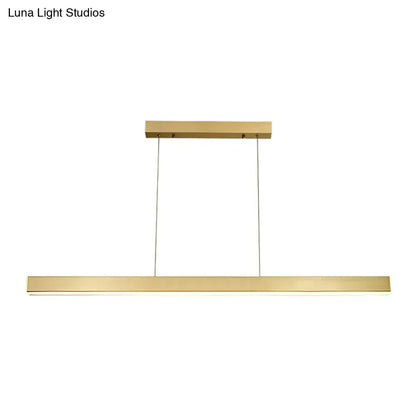 Modern gold minimalist led suspension lamp light fixture with rectangular metal bar and two thin cords for dining room lighting