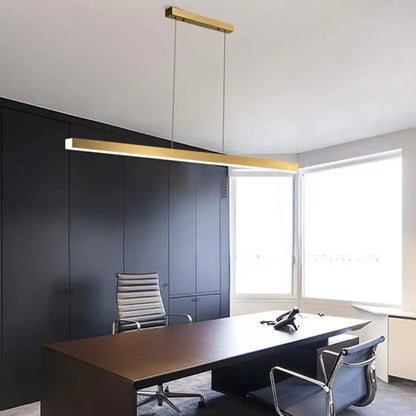 Modern gold minimalist led suspension lamp light fixture with gold-finished metal rectangular design above conference table