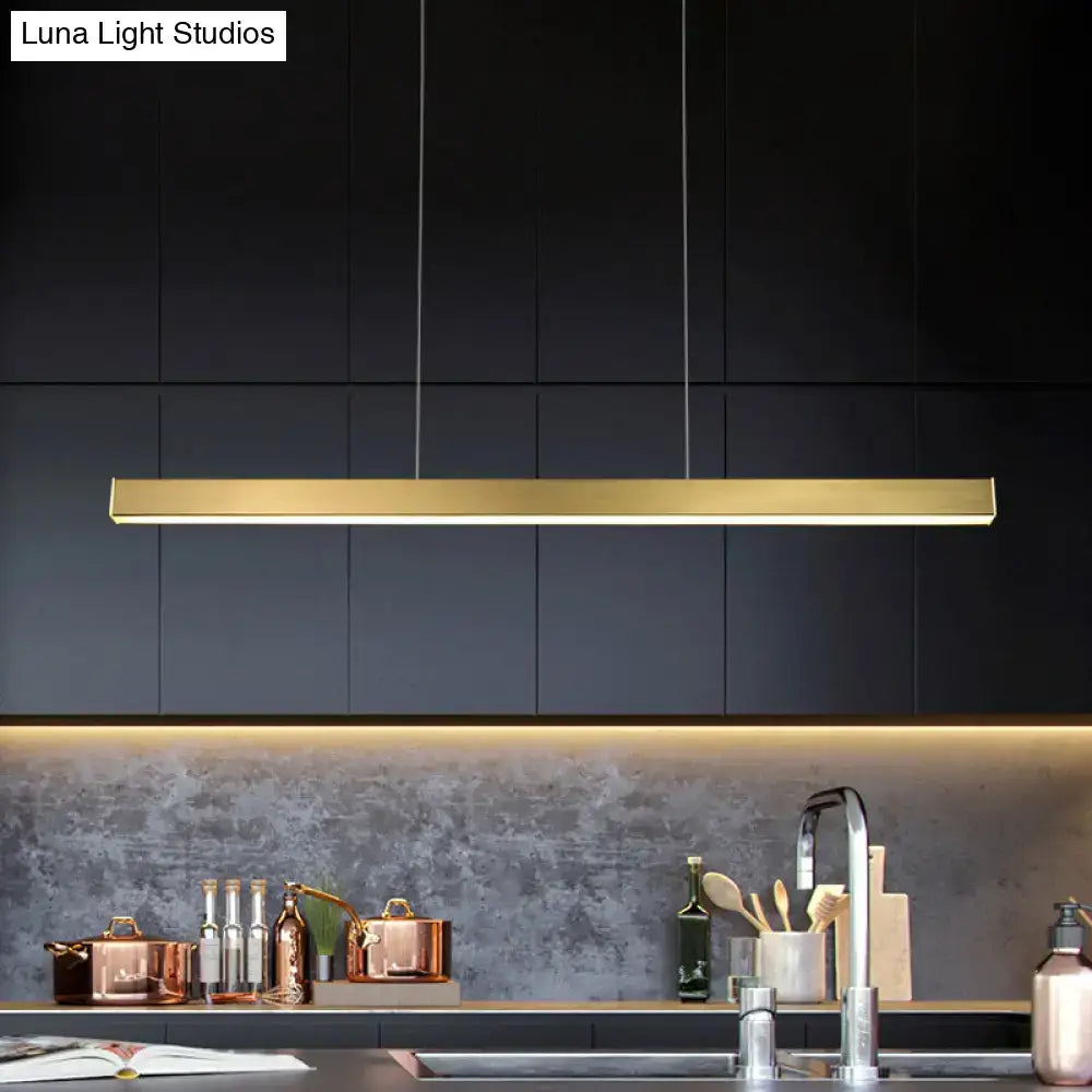 Modern gold minimalist led suspension lamp metal light fixture with sleek rectangular design above kitchen counter