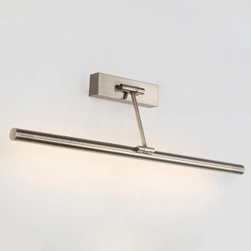 Modern gold minimalist metal sconce light with brushed nickel elongated cylindrical bar and adjustable arm for bathroom vanity