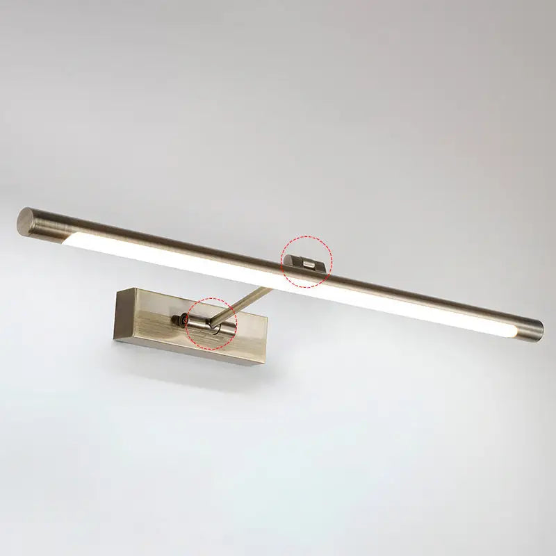 Modern brushed nickel wall-mounted led vanity sconce light with minimalist metal design and adjustable arm for bathroom use