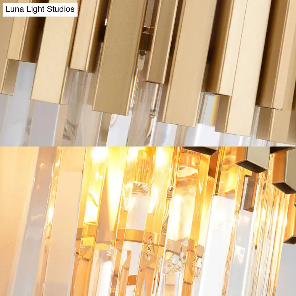 Modern gold multi tier crystal prism wall light with clear vertical bars for dining room illumination
