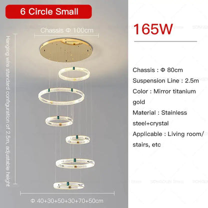 Modern gold multi tier duplex crystal chandelier with six stainless steel and crystal rings for living room decor