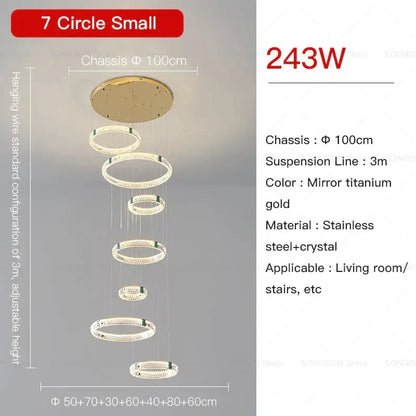 Modern gold multi tier duplex crystal chandelier with 7 stainless steel circles and mirror titanium gold finish for living room