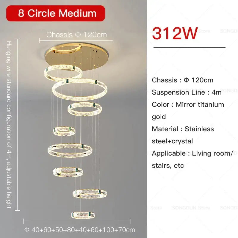 Elegant modern gold multi tier duplex crystal chandelier with eight stainless steel and crystal rings for living room