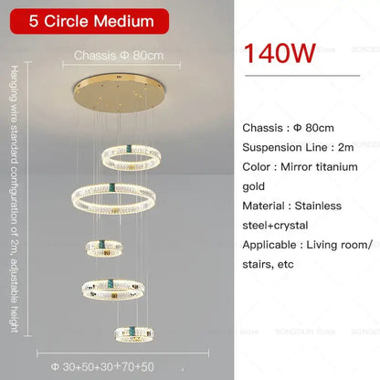 Modern gold multi tier duplex crystal chandelier with mirror titanium gold finish crafted from stainless steel and crystal