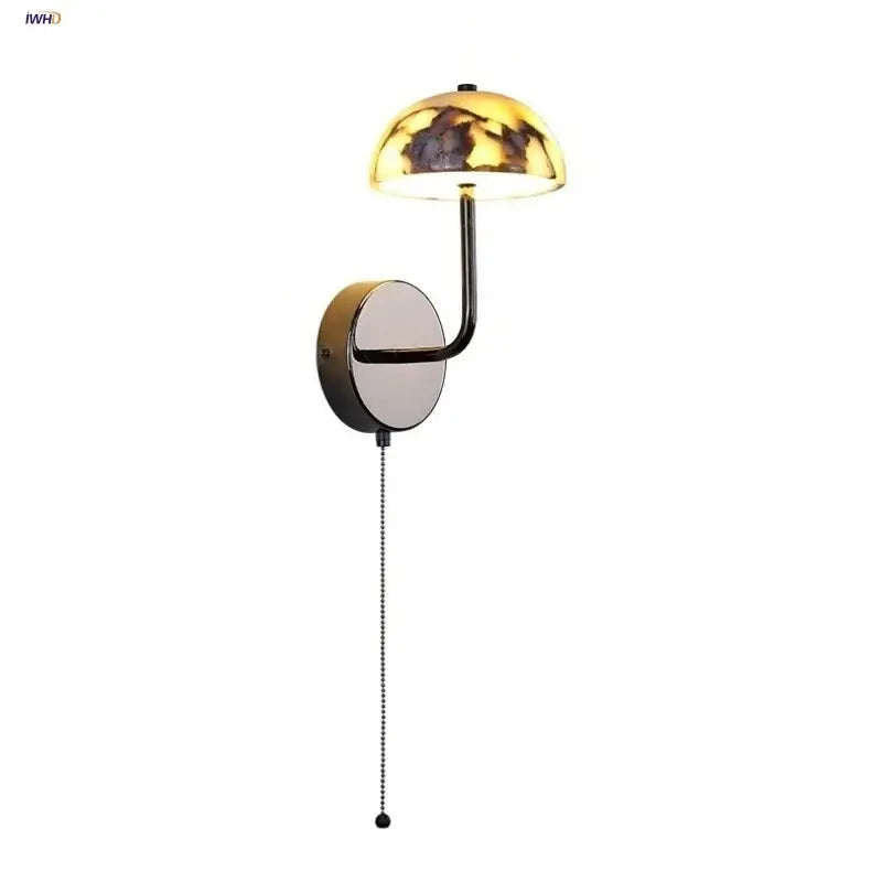 Modern gold mushroom wall lamp with sleek black carbon steel arm and pull chain by decorbites for bedroom decor