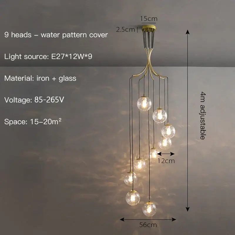 Modern brass-toned decorbites gold nordic pendant light with nine glass globes on adjustable iron frame for dining room
