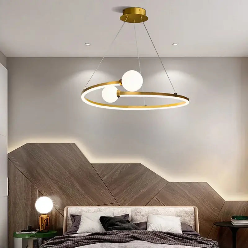 Modern gold nordic ring led chandelier with gold-toned circular pendant and three frosted glass globe bulbs for dining room decorbites gold nordic