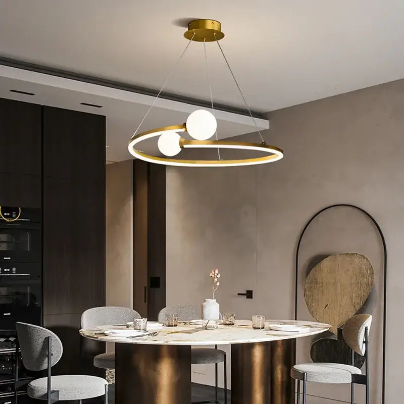 Modern gold nordic ring led chandelier with a circular frame and two white spherical bulbs for dining room decorbites gold nordic