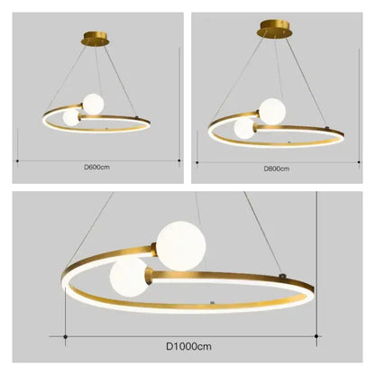 Modern gold nordic ring led chandelier with two white spherical bulbs for elegant dining room decorbites gold nordic