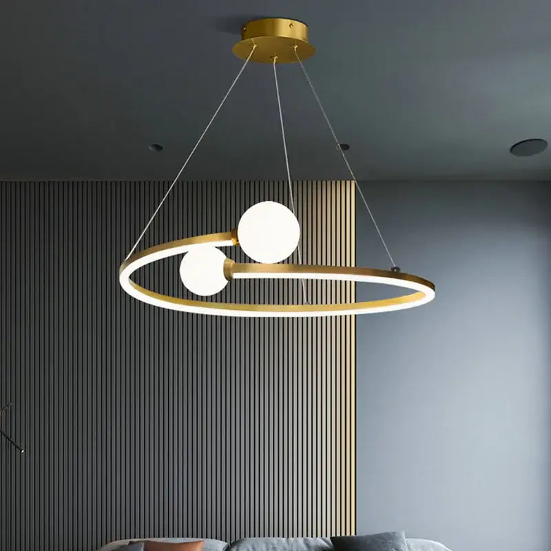Modern gold nordic ring led chandelier pendant light with circular frame and two white glass bulbs for dining room decorbites gold nordic