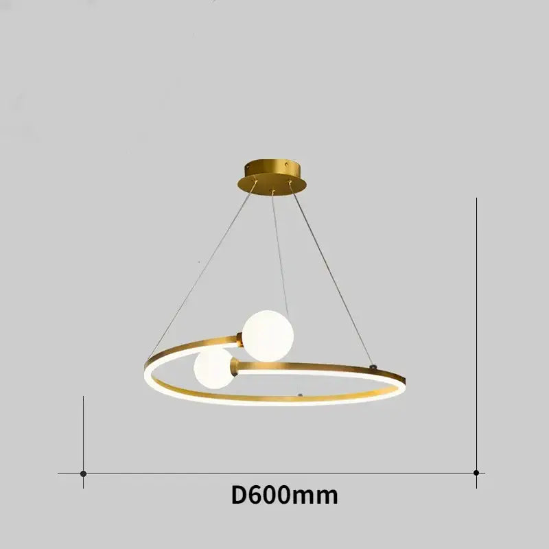 Modern gold nordic ring led chandelier with two white glass bulbs suspended from a circular gold nordic ring fixture