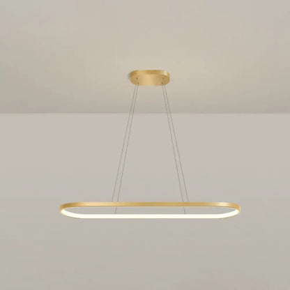 Modern gold oblong pendant light fixture with integrated led lighting and adjustable chain cord length in warm white color