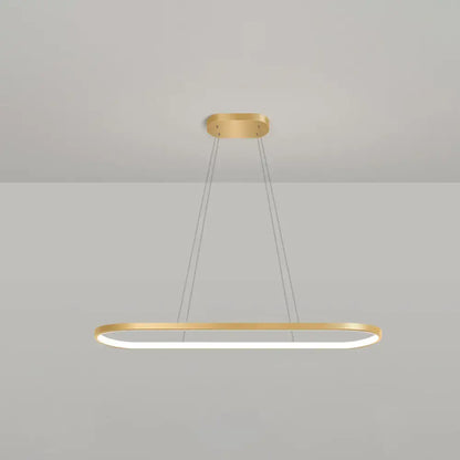 Modern gold oblong pendant light fixture with integrated led lighting and adjustable chain cord length in warm white color