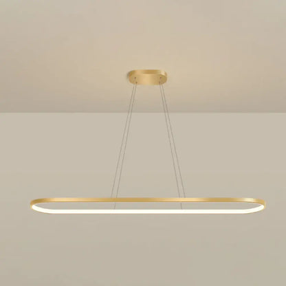 Modern gold oblong pendant light fixture with integrated led warm white color and adjustable chain cord length for dining room