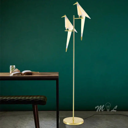Modern gold floor lamp with two origami bird light fixtures perfect for home decor and reading light