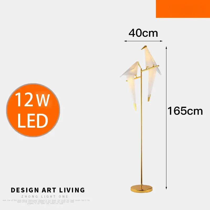 Modern gold origami bird floor lamp with two white shades 165cm tall 12w led ideal for living room home decor