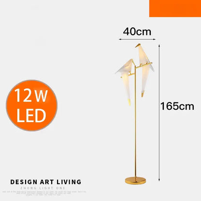 Modern gold origami bird floor lamp with two white shades 165cm tall 12w led ideal for living room home decor