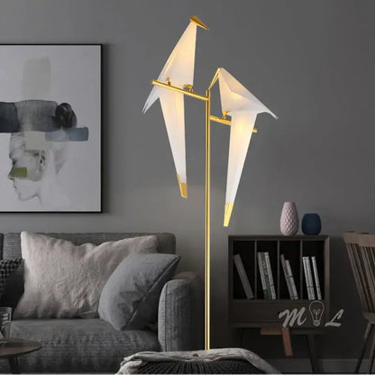 Modern gold floor lamp with two white origami bird light fixtures ideal for living room home decor and reading light