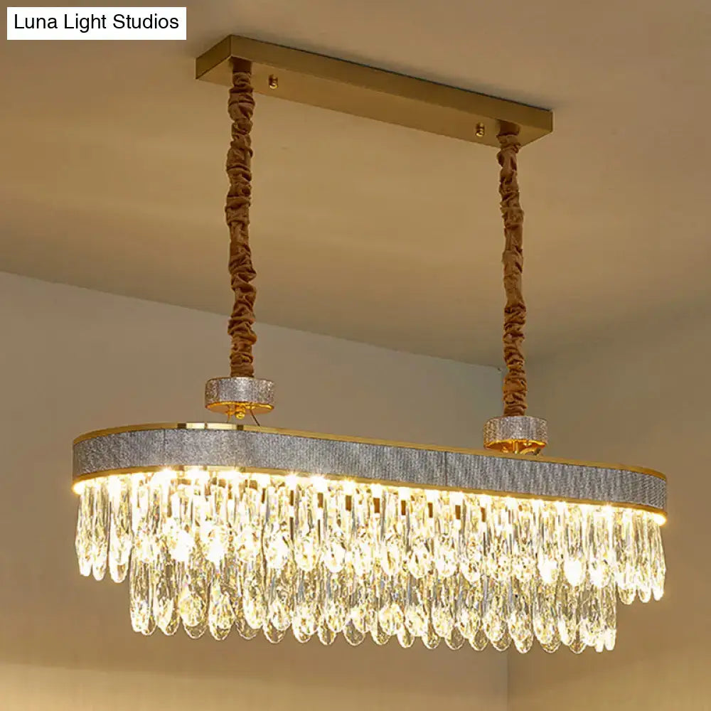 Decorbites golden led island chandelier ceiling light with gold-toned oval frame and cascading oval clear crystal drops