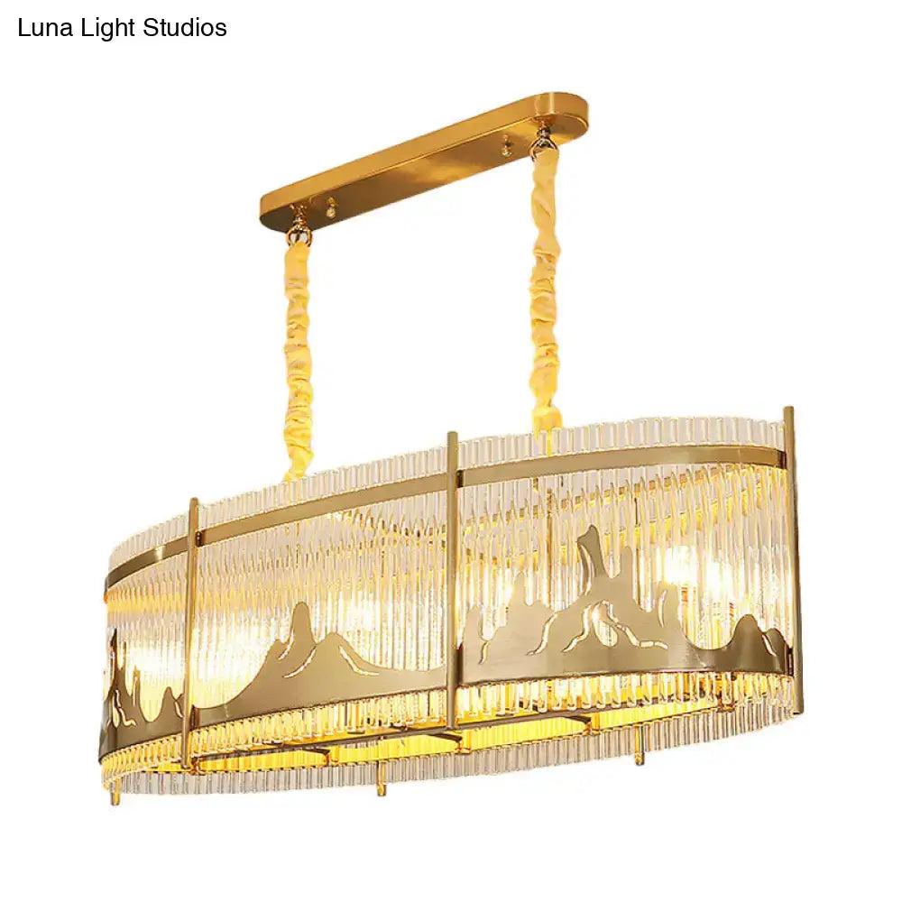 Decorbites modern oval crystal rod island pendant lamp in gold with vertical rods and carved mountain pattern lighting piece