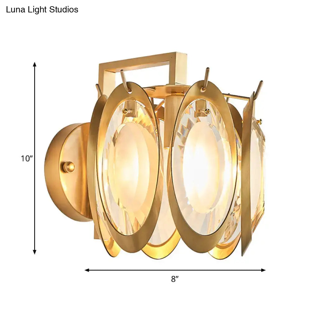 Modern gold oval crystal wall light with multiple circular crystal shades and geometric frame wall light fixture