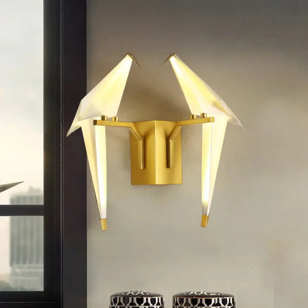 Modern gold paper crane dining room sconce wall lamp with illuminated white birdie plastic shade wings
