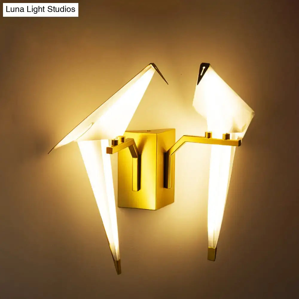 Modern gold wall lamp dining room sconce shaped like origami birds with illuminated birdie plastic shade wings