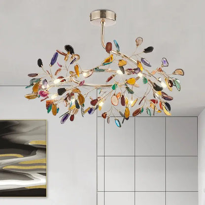 Modern gold pendant chandelier with colorful agate led leaf-shaped glass pieces for dining room decorbites colorful agate