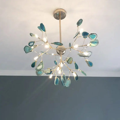 Modern gold pendant chandelier with colorful agate led slices arranged like branches for dining room decorbites colorful agate