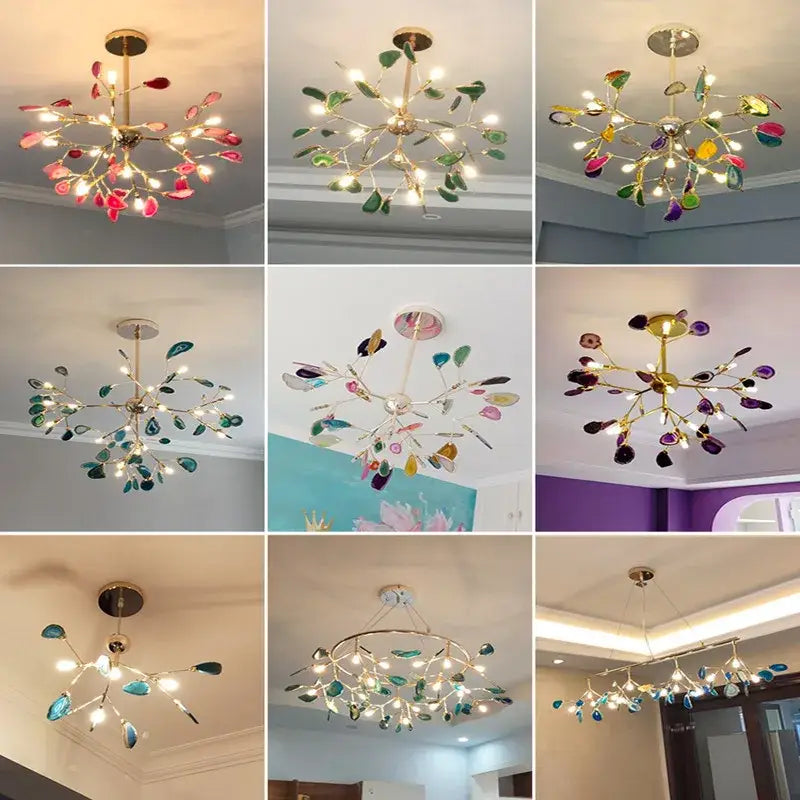 Modern gold pendant chandelier featuring colorful agate led leaves in a leaf shape for dining room decorbites colorful agate