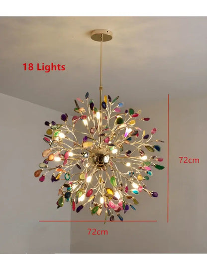 Modern gold pendant chandelier with colorful agate featuring 18 lights and a golden frame for dining room decorbites colorful agate