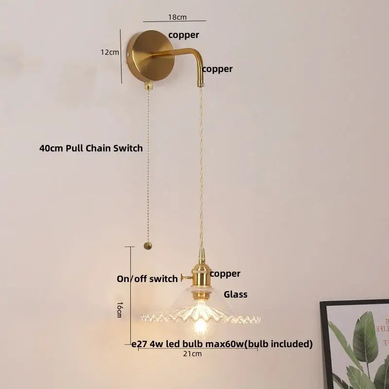 Modern gold petal led wall lights featuring a brass-finished copper sconce with glass shade and pull chain switch for decorbites led wall use