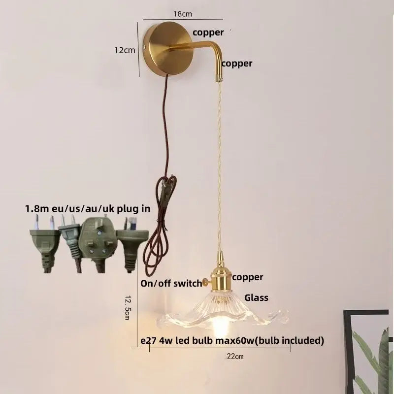 Modern gold petal led wall lights with brass-finished copper and clear glass shade decorbites led wall lights with cord