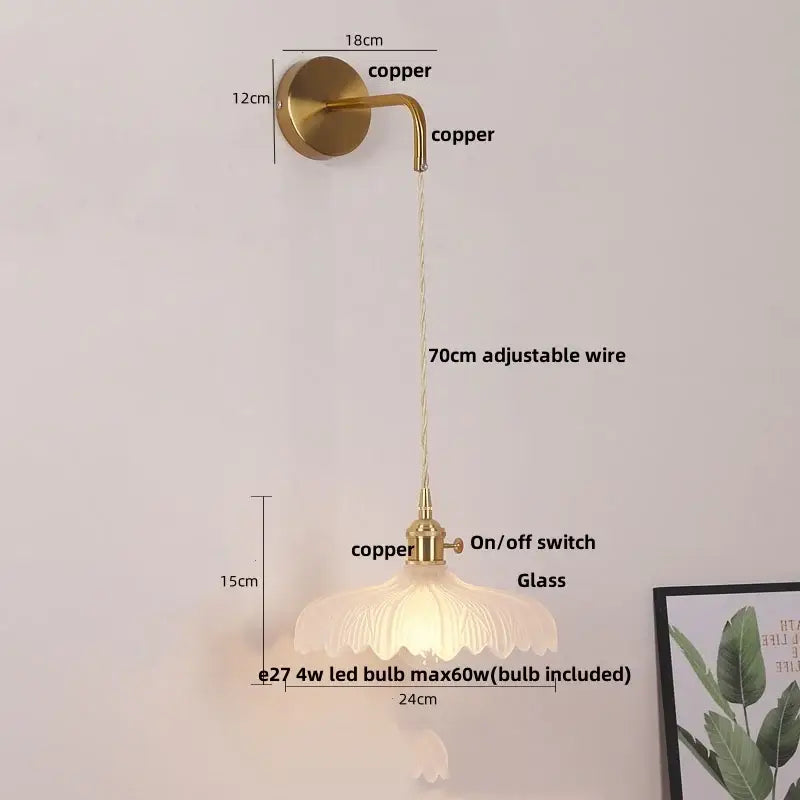 Modern gold petal led wall lights with pull chain featuring a brass copper vintage wall light with frosted glass shade and adjustable wire