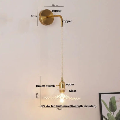 Modern gold petal led wall lights with pull chain featuring a vintage-style copper wall sconce with glass shade and led bulb
