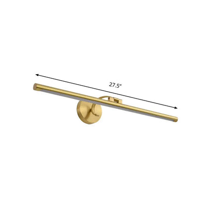 Modern gold pipe vanity light with gold finish, sleek elongated bar design, and circular wall-mounted LED fixture