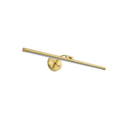 Modern gold pipe led vanity light with a gold-finished elongated rectangular design and circular wall-mounted base