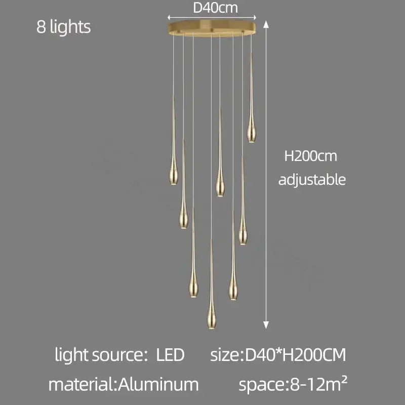 Gold-toned aluminum modern chandelier with eight teardrop-shaped led lights for living room decorbites gold-plated modern design