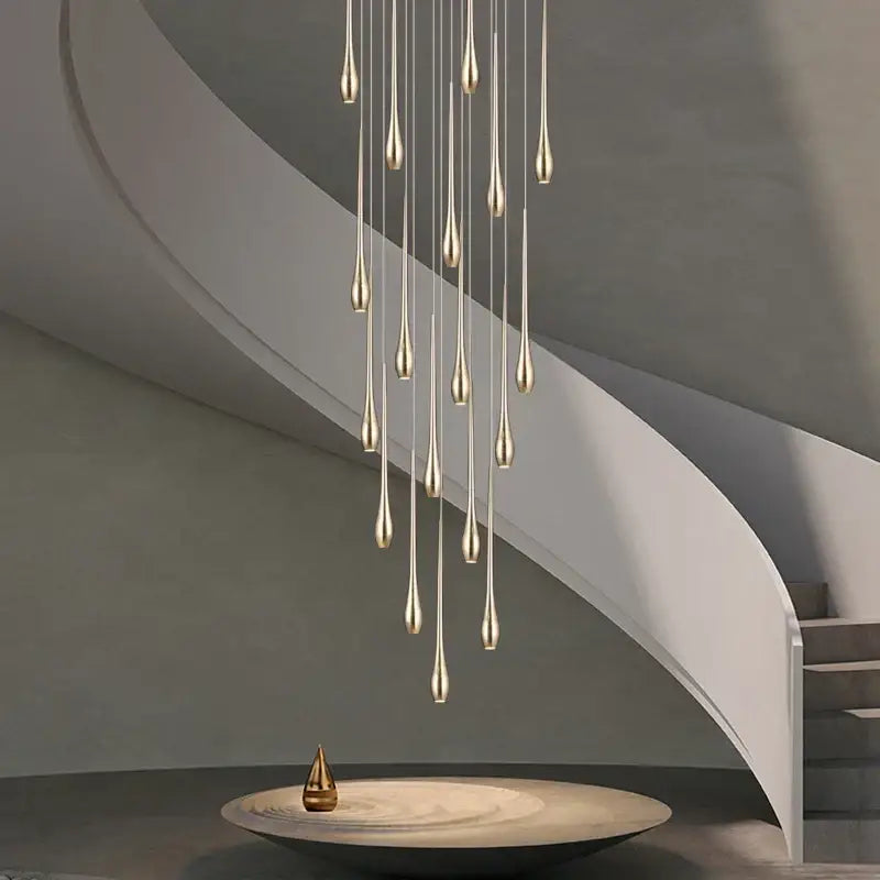 Modern gold-plated led chandelier with slender teardrop lights in cascading design for living room decorbites gold-plated led
