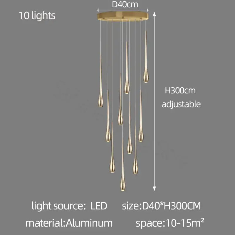 Modern gold-plated led chandelier featuring a gold-toned aluminum pendant with ten teardrop-shaped led lights for living room decor