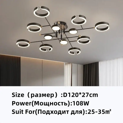 Modern black and gold plated luxury chandelier featuring glowing LED rings for elegant living room decorbites lighting