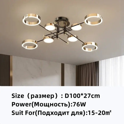 Modern gold plated luxury chandelier with six circular rings and black metal arms from decorbites plated luxury chandelier collection