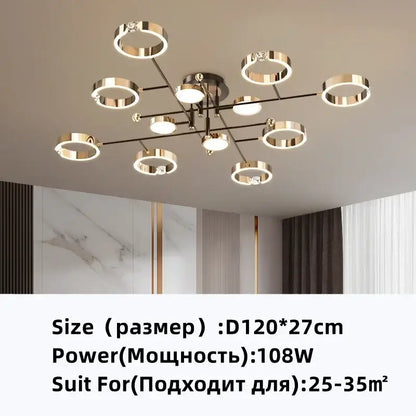 Modern gold plated luxury chandelier with circular design, sleek metallic arms, and embedded led lights for living room decorbites gold plated