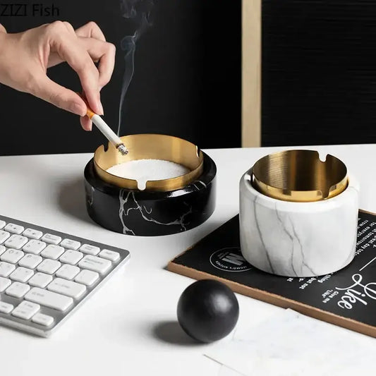 Modern gold plated marble texture ashtray featuring black and white marble with gold toned rims for living room decorbites gold plated